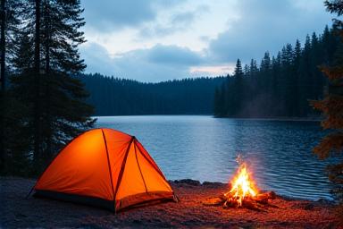 Camping tent in a serene forest by a lake