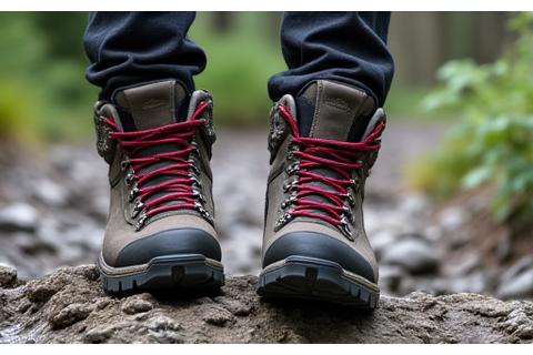 Waterproof hiking boots on a rocky trail